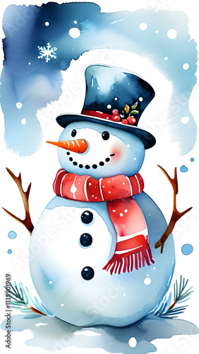 Whimsical Snowman: Playful & Inviting Lighting - Watercolor Clip Art Vector Image on Flat White Background photo