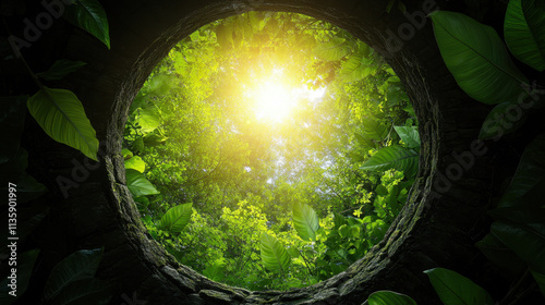 A circular view of lush greenery and sunlight filtering through leaves, creating a serene and vibrant natural scene.
