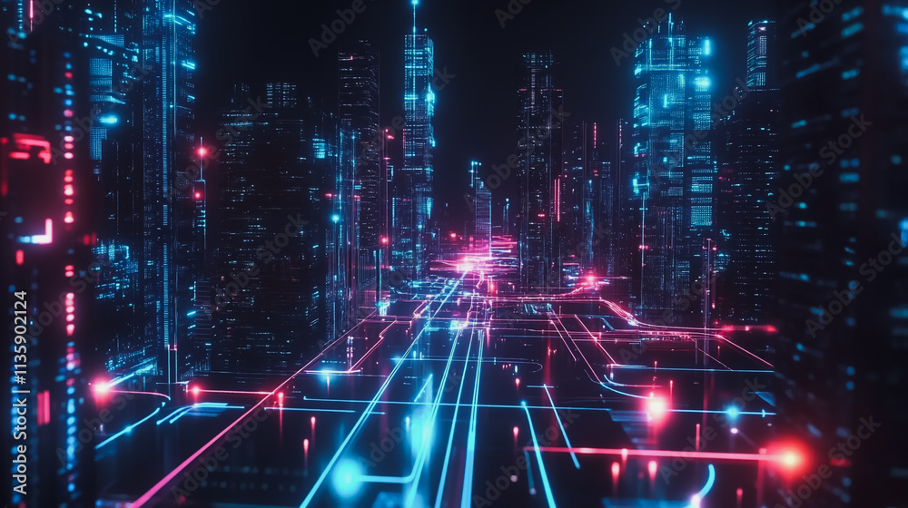Obraz premium Smart digital Innovation city with connection network reciprocity over the cityscape. of future smart wireless digital city and social media networking systems that connects people with in city