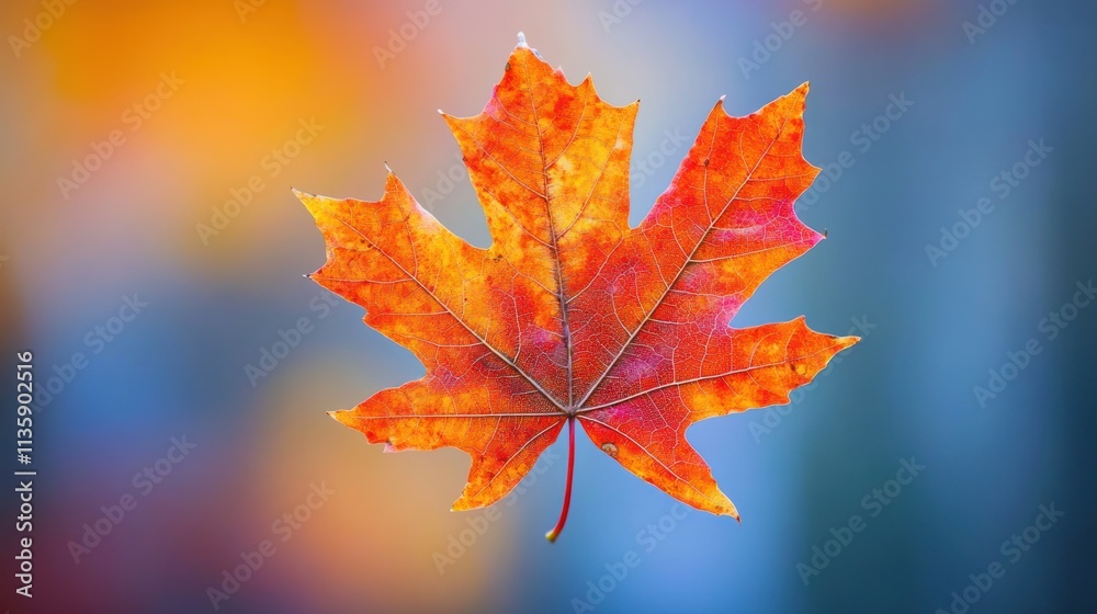 Fototapeta premium A single vibrant orange maple leaf floats against a blurred background