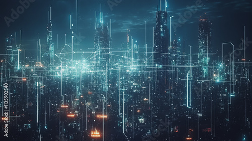 Wallpaper Mural Smart digital Innovation city with connection network reciprocity over the cityscape. of future smart wireless digital city and social media networking systems that connects people with in city Torontodigital.ca