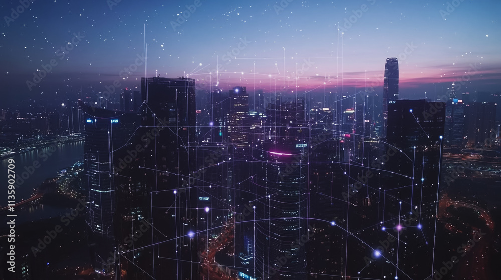 Fototapeta premium Smart digital Innovation city with connection network reciprocity over the cityscape. of future smart wireless digital city and social media networking systems that connects people with in city