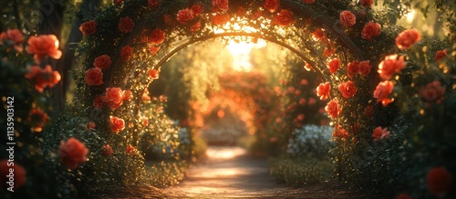 Rose archway in a garden with a path leading through it.