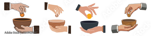 Hands Donating Coins to Bowls - Illustrative Representation of Charity