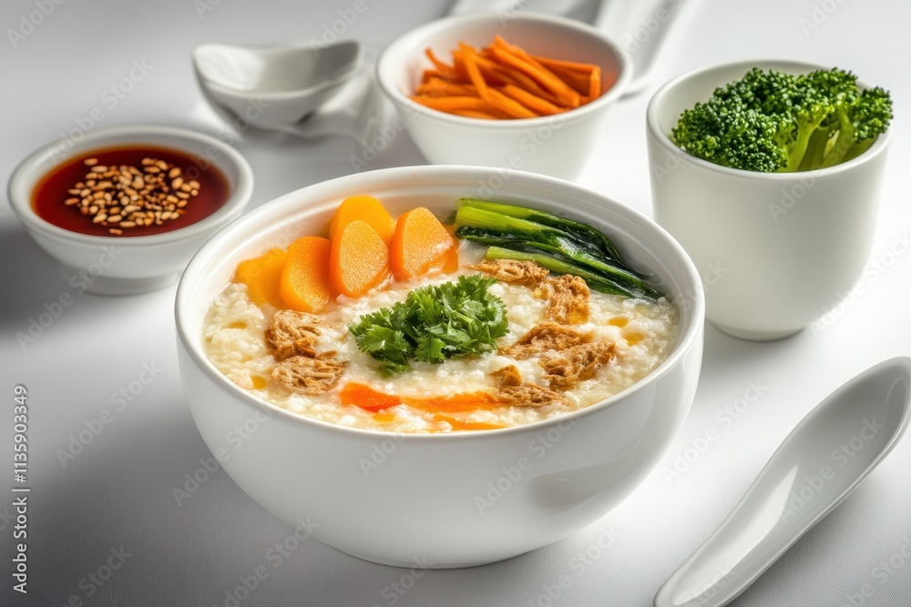 Delicious bowl of creamy rice porridge topped with fresh vegetables, shredded chicken, and garnished with cilantro, served with sides of soy sauce and steamed broccoli Delicious bowl of creamy rice porridge topped with fresh vegetables, shredded chicken, and garnished with cilantro, served with sides of soy sauce and steamed broccoli
