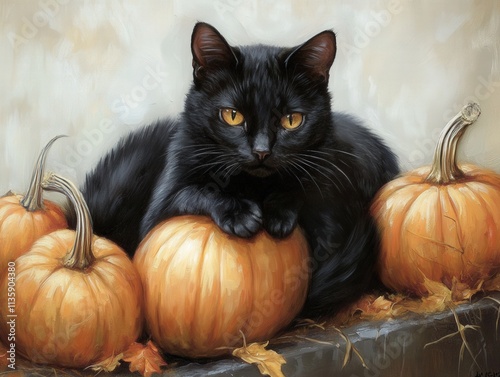 black cat laying on pumpkins