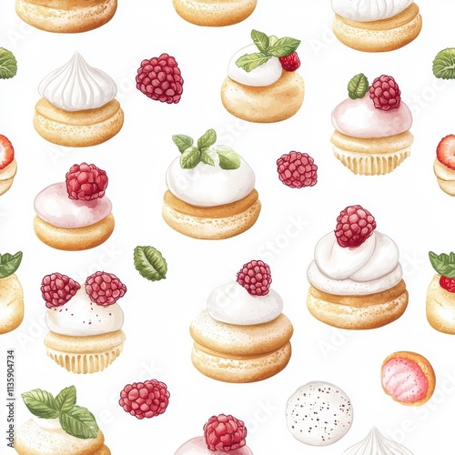 Seamless watercolor pattern of soufflé isolated on a white background, providing a creative and artistic touch.