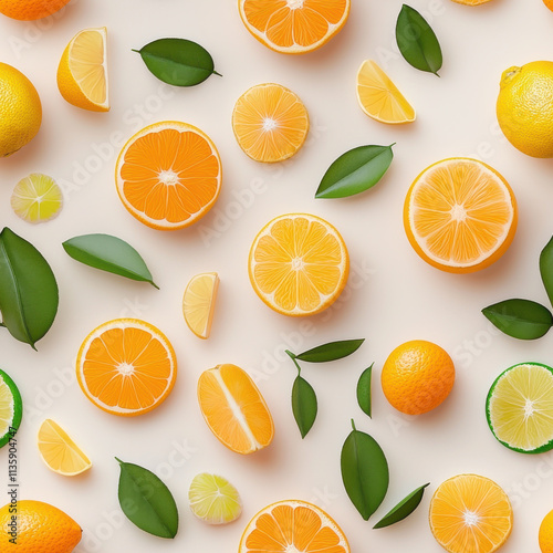 Fresh citrus fruits arranged beautifully with vibrant colors and green leaves create lively and refreshing pattern. Perfect for food related designs or summer themes photo