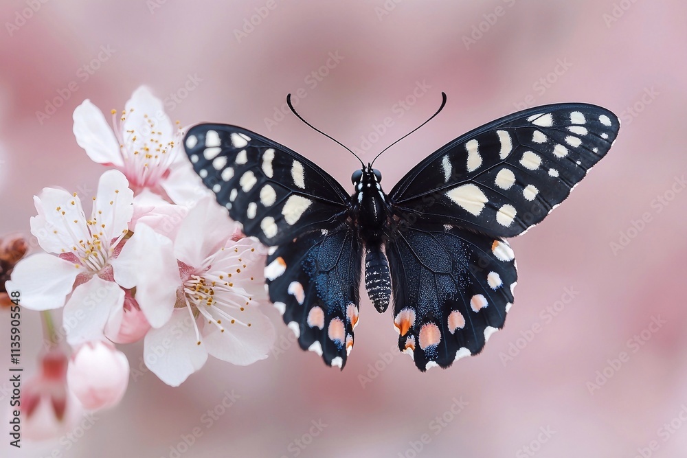 Naklejka premium beautiful black butterfly sitting on a background of pink flowers with space for text