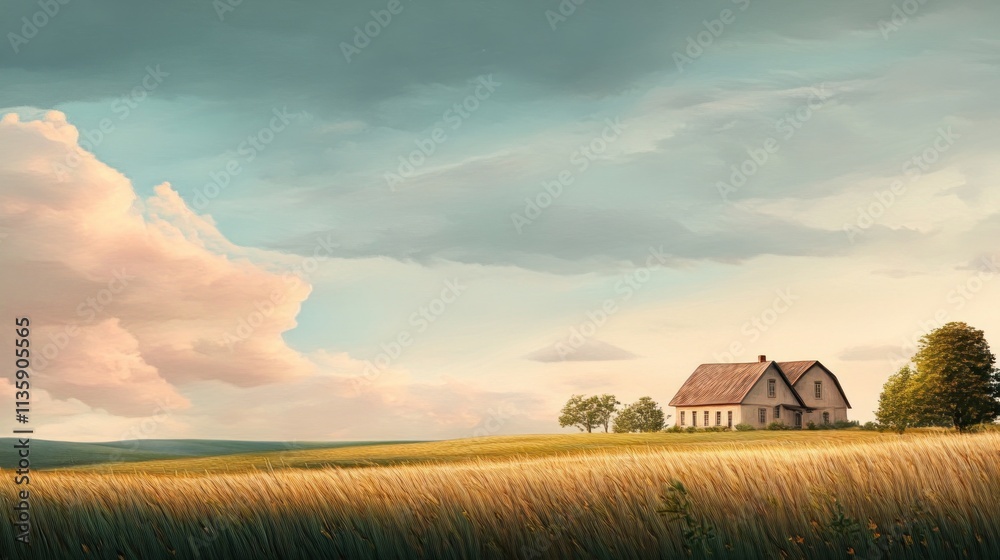 Fototapeta premium Serene Farmhouse in a Golden Wheat Field Under a Cloudy Sky