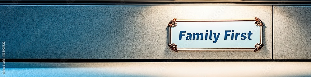 decorative family first sign displayed on smooth matte surface under bright directional light decorative family first sign displayed on smooth matte surface under bright directional light