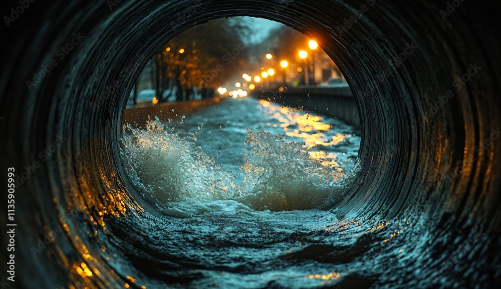 Obraz premium Turbulent Water Flowing Through a Concrete Pipe at Night