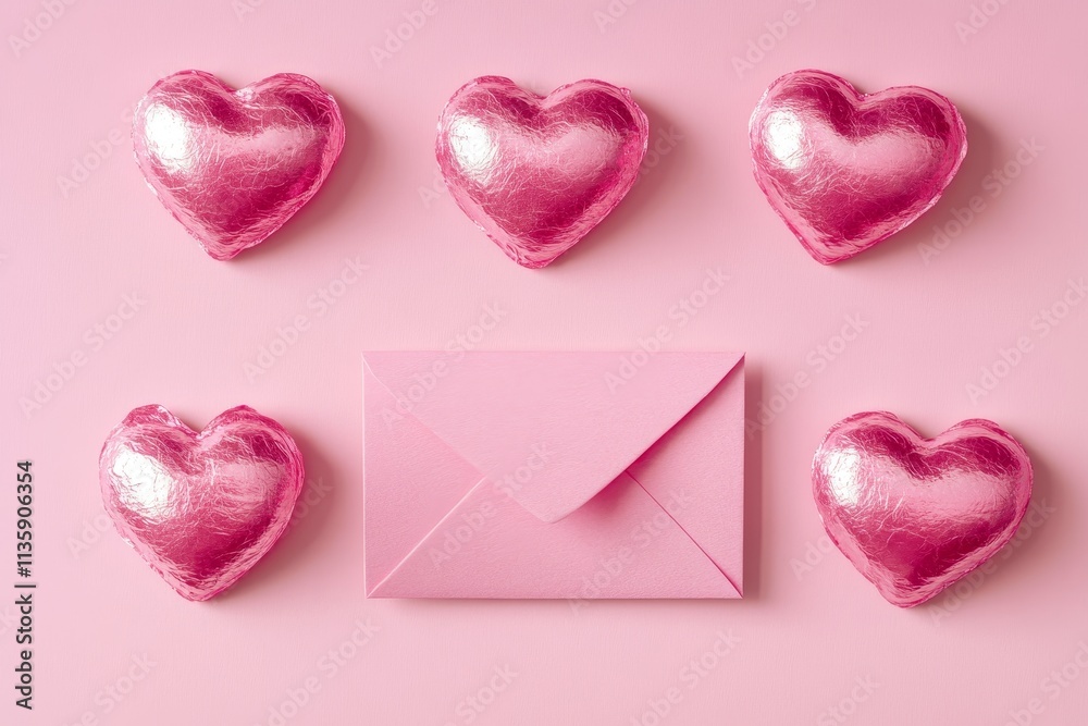 Romantic Flat Lay of Pink Hearts and Pink Envelope on Soft Pink Background for Valentine's Day or Love-Themed Celebrations and Events Romantic Flat Lay of Pink Hearts and Pink Envelope on Soft Pink Background for Valentine's Day or Love-Themed Celebrations and Events