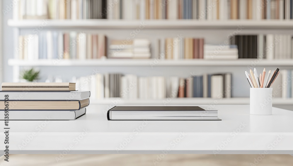 Stack of Books and Pencils on Desk with Bookshelf Background Stack of Books and Pencils on Desk with Bookshelf Background