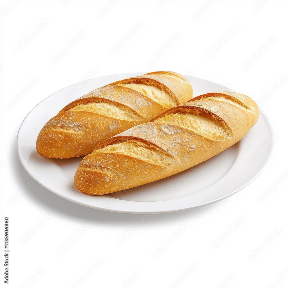 French bread on a white plate, isolated on a white background, emphasizing its golden crust and rustic appeal. French bread on a white plate, isolated on a white background, emphasizing its golden crust and rustic appeal.