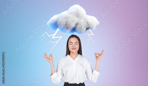 Billede på lærred Woman meditating under a storm cloud with lightning bolts on a g
