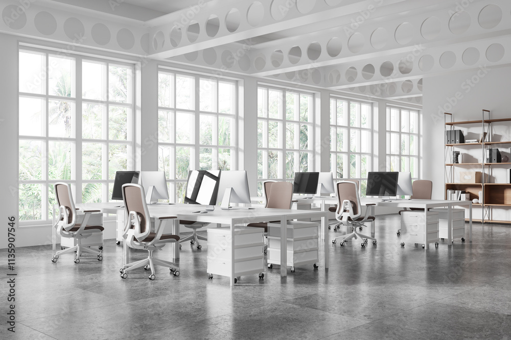 Modern coworking office space with desks and chairs, bright interior, large windows, and tropical outside view. Concept of business workspaces. 3D Rendering Modern coworking office space with desks and chairs, bright interior, large windows, and tropical outside view. Concept of business workspaces. 3D Rendering