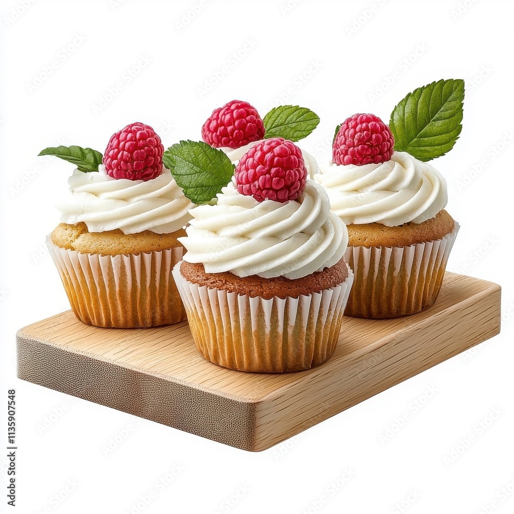 Raspberry cupcakes on a wooden tray, isolated on a white background, rustic and charming. Raspberry cupcakes on a wooden tray, isolated on a white background, rustic and charming.