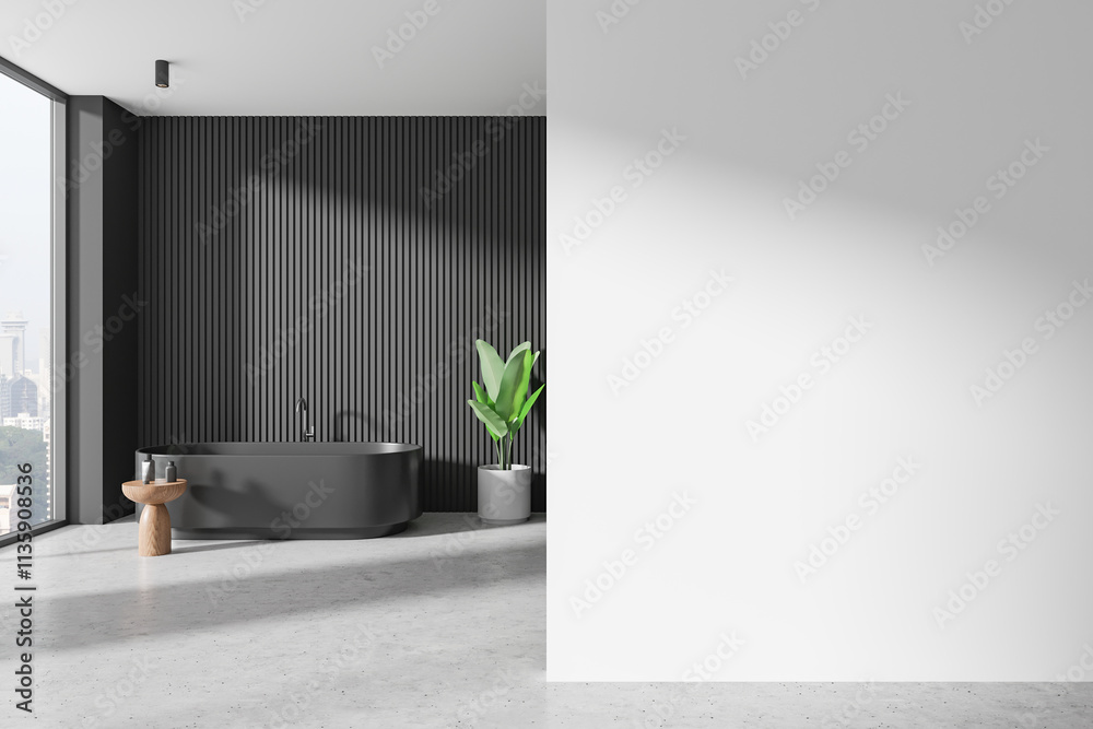 Obraz premium Minimalist bathroom with dark bathtub and blank wall, modern interior design template. 3D Rendering