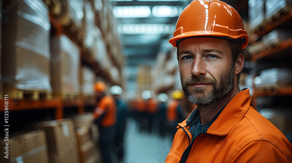 A warehouse manager in an orange hard hat is talking to a team of workers, standing near stacked boxes in an industrial setting.
A warehouse manager in an orange hard hat is talking to a team of workers, standing near stacked boxes in an industrial setting.