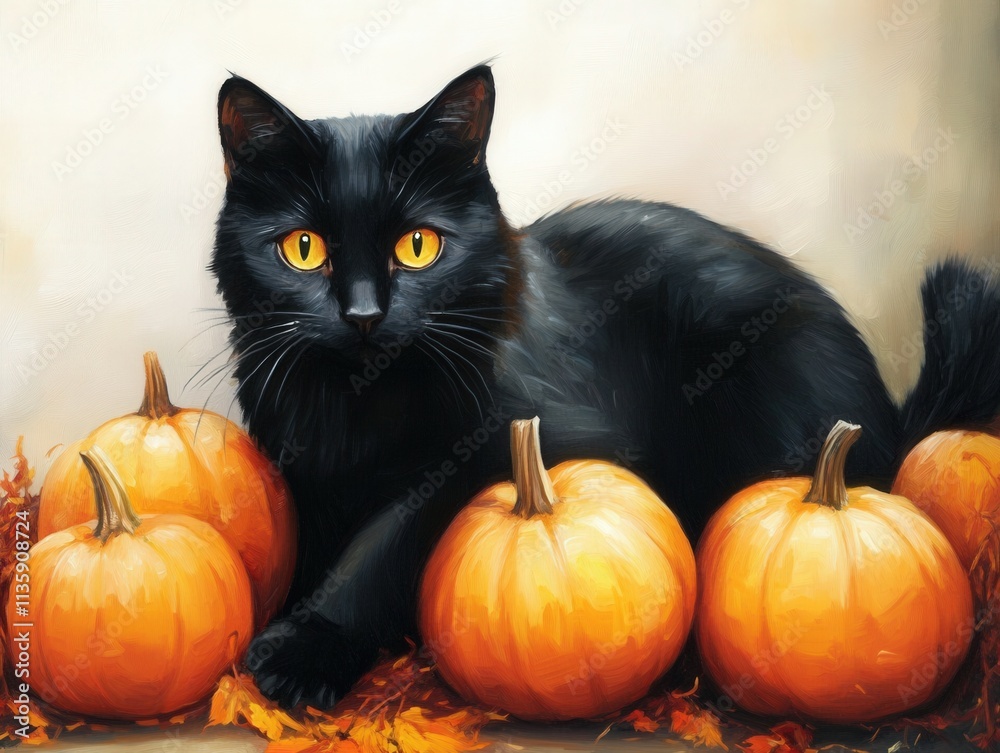 a black cat with orange pumpkins and autumn leaves a black cat with orange pumpkins and autumn leaves