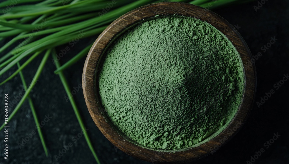Organic Green Barley Grass Powder in Wooden Bowl Organic Green Barley Grass Powder in Wooden Bowl
