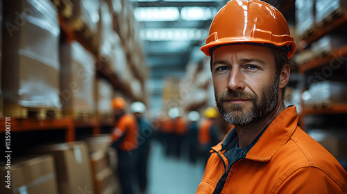 A warehouse manager in an orange hard hat is talking to a team of workers, standing near stacked boxes in an industrial setting. 