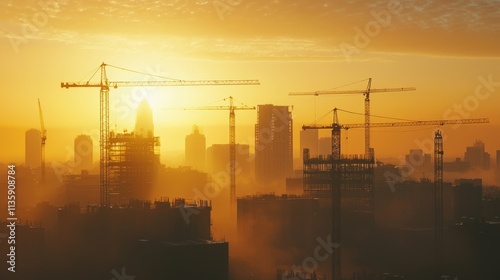 A city skyline with cranes and construction, representing recovery in the economy.