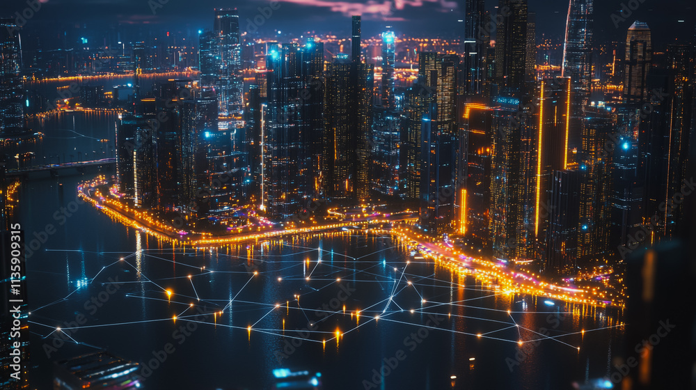 custom made wallpaper toronto digitalSmart digital Innovation city with connection network reciprocity over the cityscape. of future smart wireless digital city and social media networking systems that connects people with in city