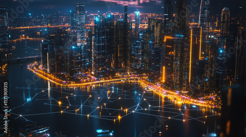 Wallpaper Mural Smart digital Innovation city with connection network reciprocity over the cityscape. of future smart wireless digital city and social media networking systems that connects people with in city Torontodigital.ca