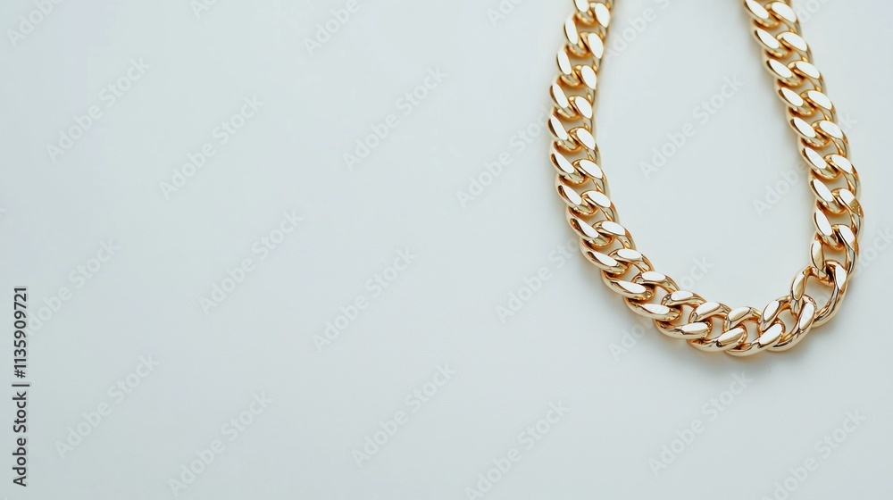 A clean and minimalistic jewelry background showing a gold chain necklace laid out against a white backdrop. A clean and minimalistic jewelry background showing a gold chain necklace laid out against a white backdrop.