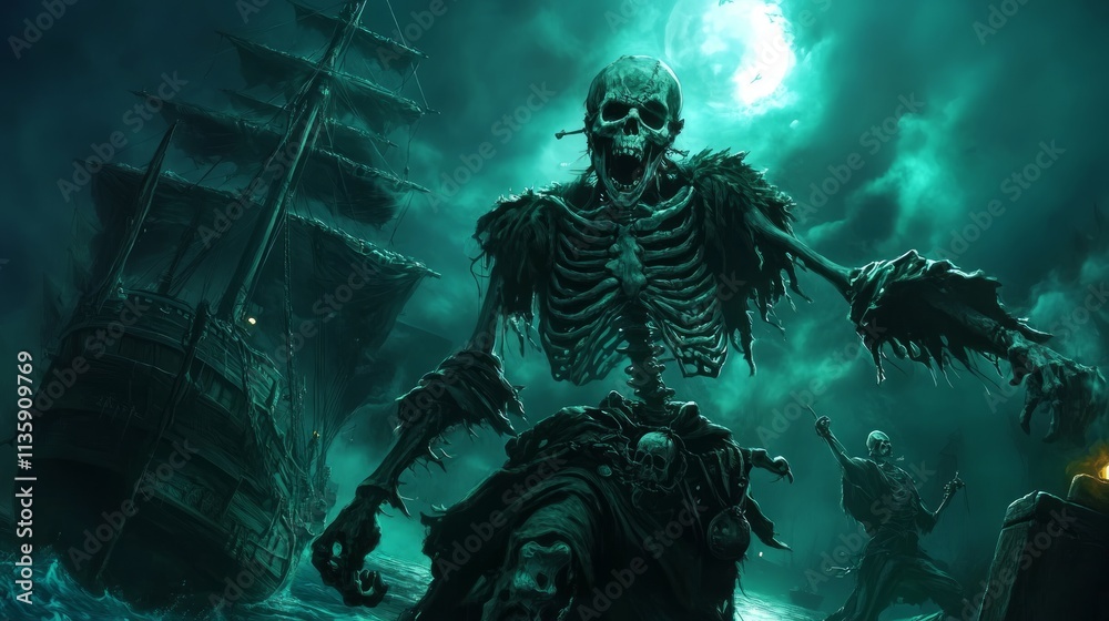 Naklejka premium Skeleton pirate standing on shore with a ghostly ship sailing under the moonlight