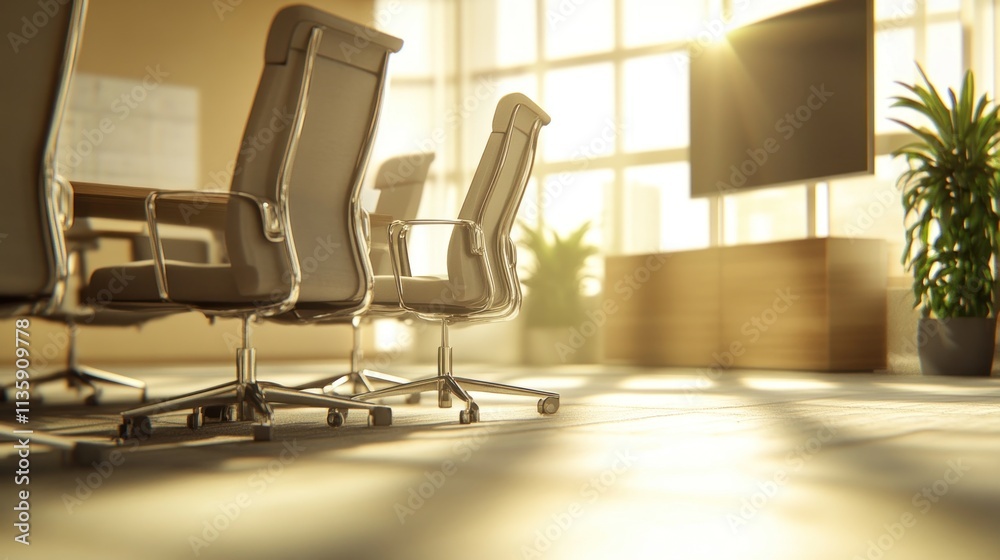 Sunlit modern conference room with chairs, table, and large window. Sunlit modern conference room with chairs, table, and large window.
