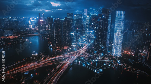 Wallpaper Mural Smart digital Innovation city with connection network reciprocity over the cityscape. of future smart wireless digital city and social media networking systems that connects people with in city Torontodigital.ca