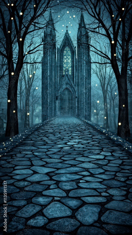 Obraz premium Enchanting Gothic Church Night Scene Cobblestone Path Dark Trees Fantasy