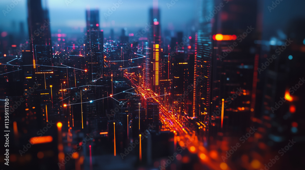 Obraz premium Smart digital Innovation city with connection network reciprocity over the cityscape. of future smart wireless digital city and social media networking systems that connects people with in city