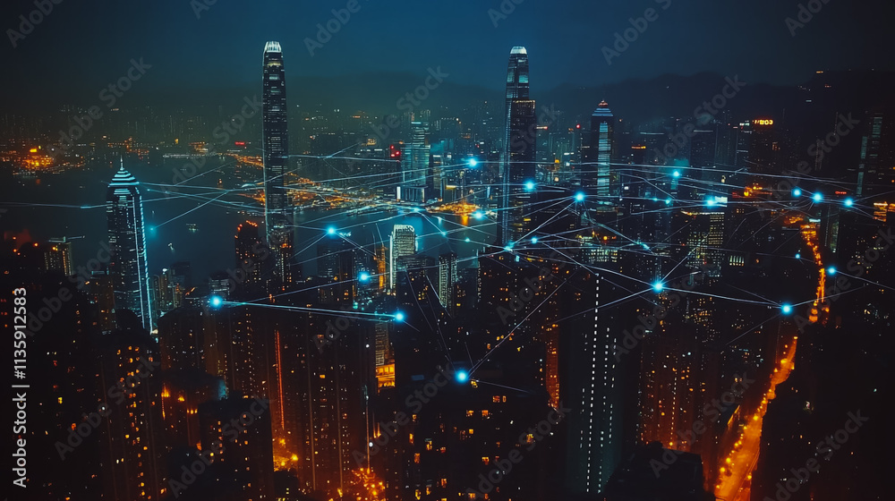 Fototapeta premium Smart digital Innovation city with connection network reciprocity over the cityscape. of future smart wireless digital city and social media networking systems that connects people with in city