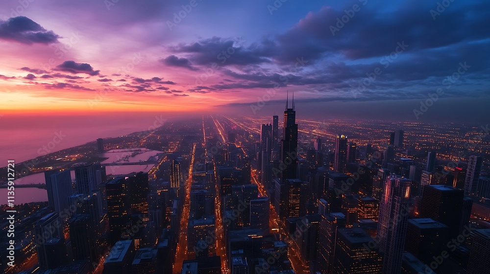 Fototapeta premium Chicago Skyline at Sunset. Urban Cityscape, Architecture, and Travel.