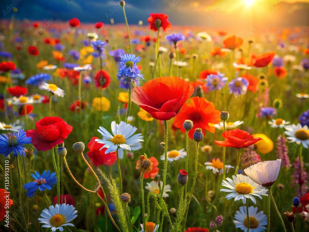 Abstract Art of a Meadow with Poppies, Daisies, and Wildflowers in Low Light Photography Style, Capturing the Beauty and Serenity of Nature's Colorful Palette at Dusk Abstract Art of a Meadow with Poppies, Daisies, and Wildflowers in Low Light Photography Style, Capturing the Beauty and Serenity of Nature's Colorful Palette at Dusk