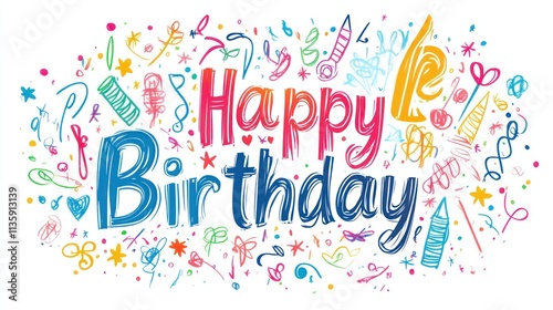 Happy Birthday Colorful Festive Childlike Drawing