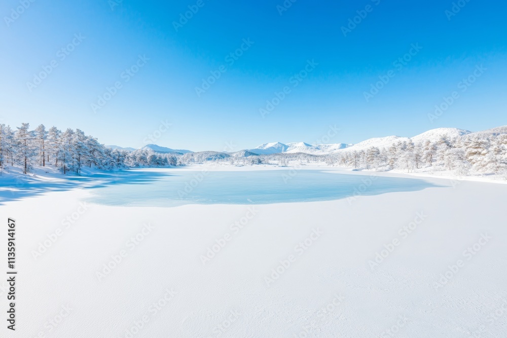 Winter Serenity Frozen Lake and Snow-Covered Pines Under Clear Blue Sky Winter Serenity Frozen Lake and Snow-Covered Pines Under Clear Blue Sky