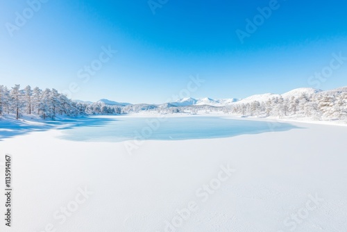 Winter Serenity Frozen Lake and Snow-Covered Pines Under Clear Blue Sky