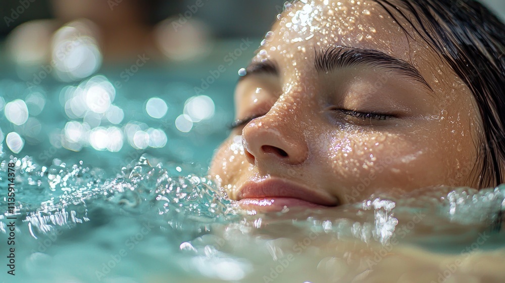 Tranquil Portrait of a Young Woman Relaxing with Eyes Closed in a Serene Pool, Water Reflections and Soft Bokeh Highlights in the Background Tranquil Portrait of a Young Woman Relaxing with Eyes Closed in a Serene Pool, Water Reflections and Soft Bokeh Highlights in the Background
