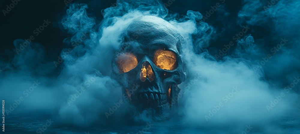 Fototapeta premium Skull Fog In Dark Halloween Background - Real Mist On Black Floor,