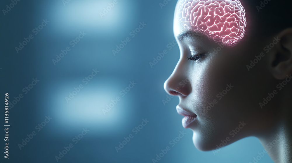 Profile of woman highlighting the brain, representing the intersection of neuroscience and mental health. Profile of woman highlighting the brain, representing the intersection of neuroscience and mental health.