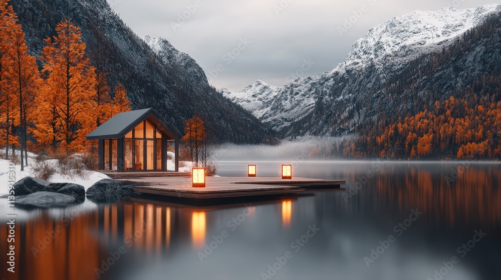 Fototapeta premium Serene Alpine Lake Cabin Misty Morning Autumn Colors Wooden Dock