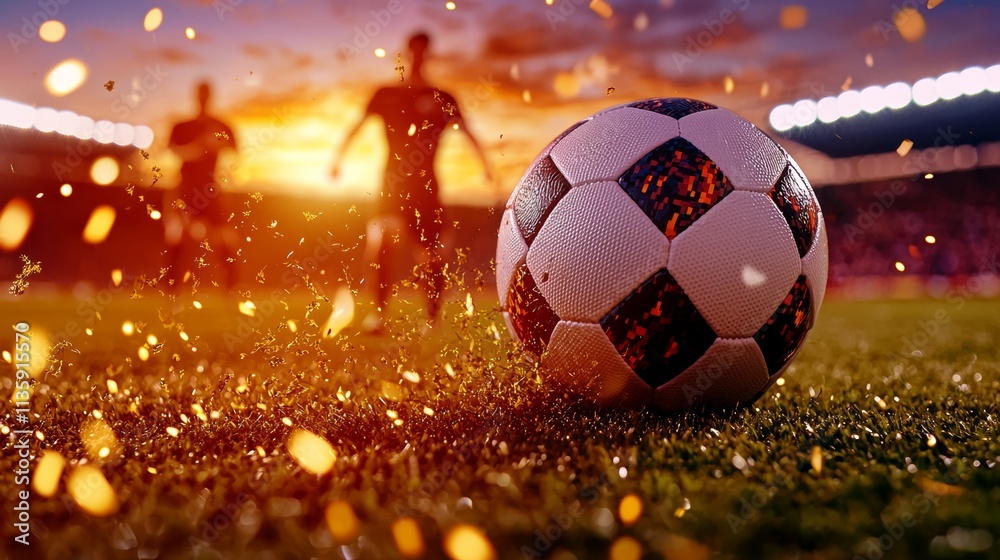 Fototapeta premium A close-up of a soccer ball on the field with players in the background, illuminated by a vibrant sunset, capturing the essence of the game.
