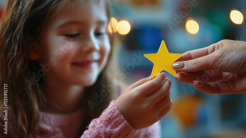 A close-up of a teacher giving a gold star to a student, highlighting extrinsic motivational rewards. photo