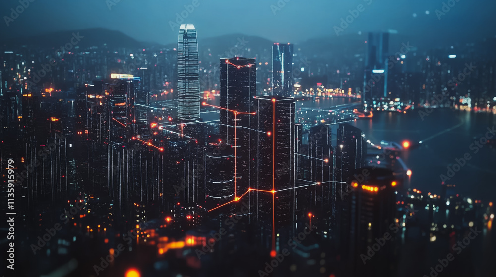 Fototapeta premium Smart digital Innovation city with connection network reciprocity over the cityscape. of future smart wireless digital city and social media networking systems that connects people with in city