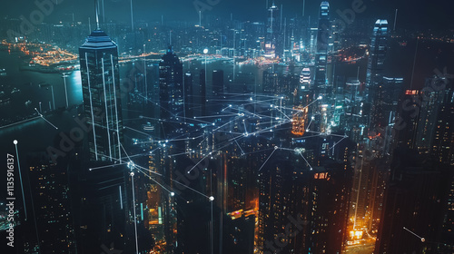 Wallpaper Mural Smart digital Innovation city with connection network reciprocity over the cityscape. of future smart wireless digital city and social media networking systems that connects people with in city Torontodigital.ca